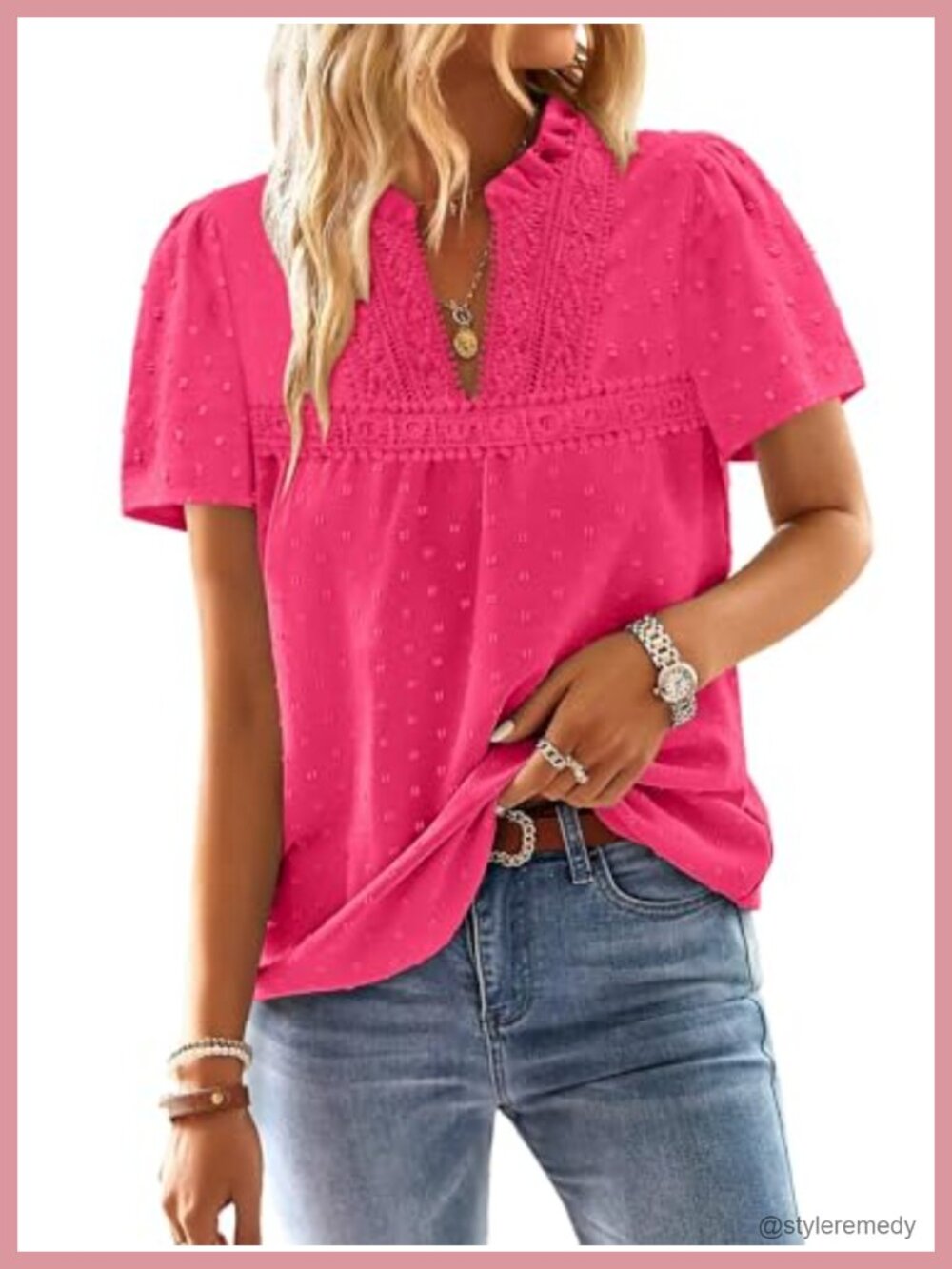 Womens Boho Blouse Swiss Dot V Neck Ruffle Sleeve Lace Hem Peasant Top